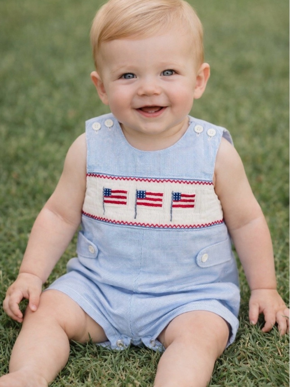 Mom & Me Smocked Patriotic JonJon Romper 12M American Flag Blue Gingham July 4th